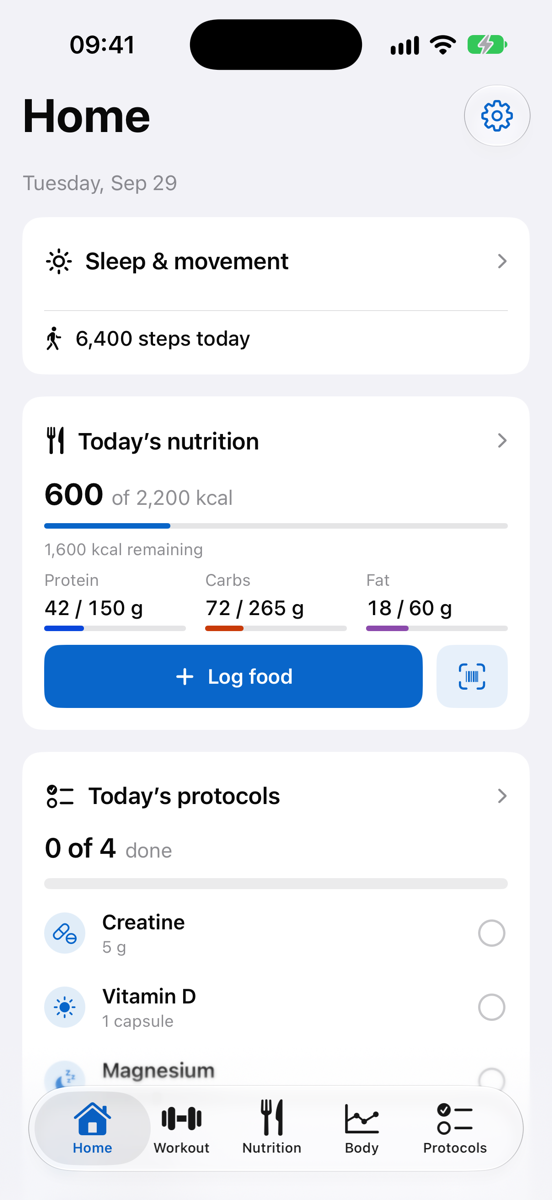 Zenbu Home tab showing today's calories, macros and protocols with sample data